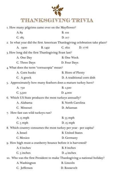 Printable Thanksgiving Quiz